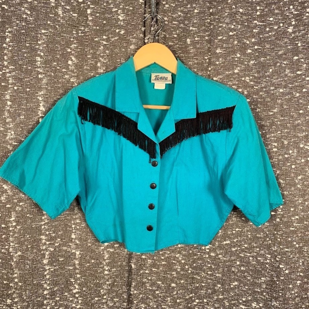 VTG‎ Teaze Women's Blue Cropped Western Tassled Short Sleeve Shirt Retro Cowgirl